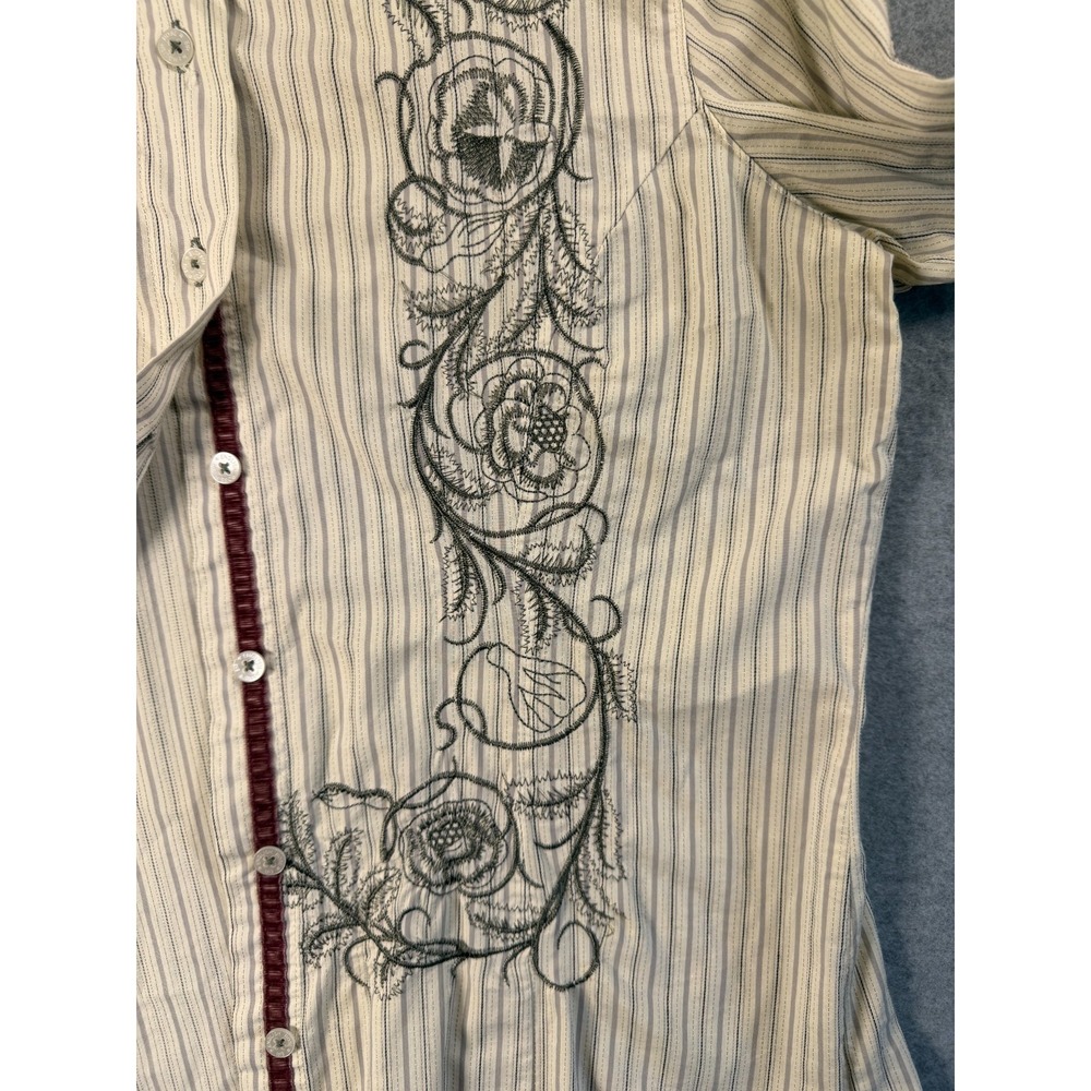 English Rose by EL Blouse Gray Stripe Long Sleeve Embroidered Cotton Sz L SKU242 - Picture 9 of 12